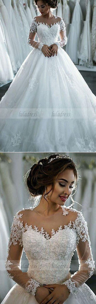 White Ivory Wedding Dresses Long Sleeve V Neck Elegant Lace Appliques Ball  Gowns | eBay